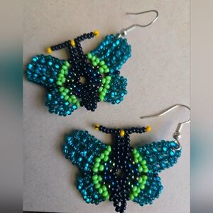 Blue and Green Beaded Butterfly Earrings